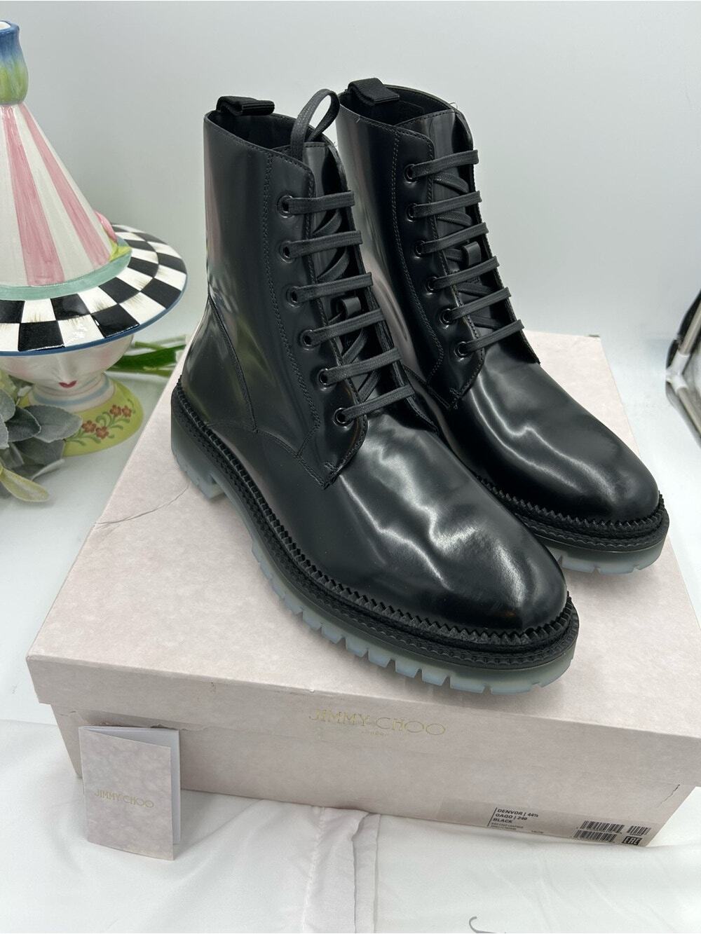 Men's Jimmy Choo Denvor Black Leather Lace-Up Combat Boots size 44.5/10.5 US